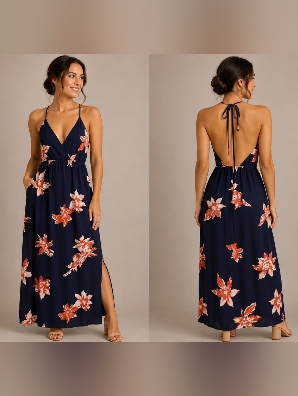 Simplee Navy Floral Open-Back Maxi Dress – Size Medium